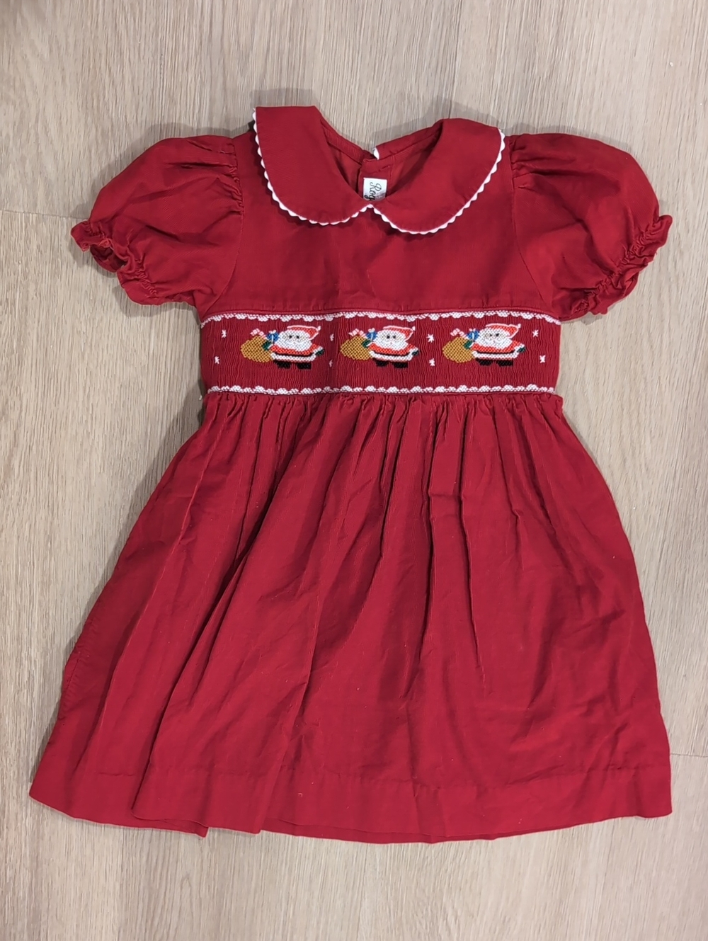 Girls' Red Smocked Holiday Dress with Santa Motif